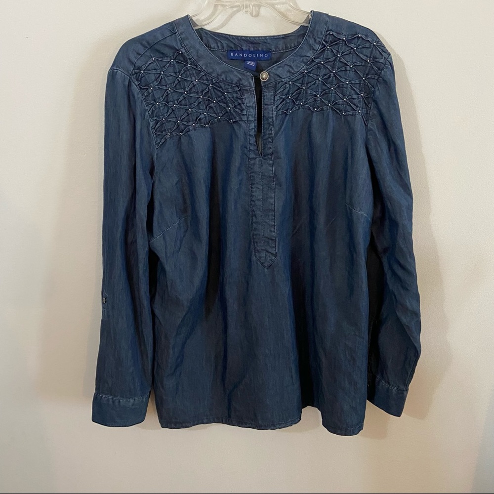 Bandolino Beaded Smocked Henley Tunic Size XXL